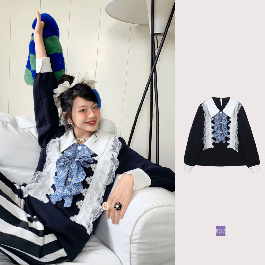 IRIS BOUTIQUE 泰國製造 小眾設計品牌 春季新款 蕾絲拼接格紋領襯衫上女