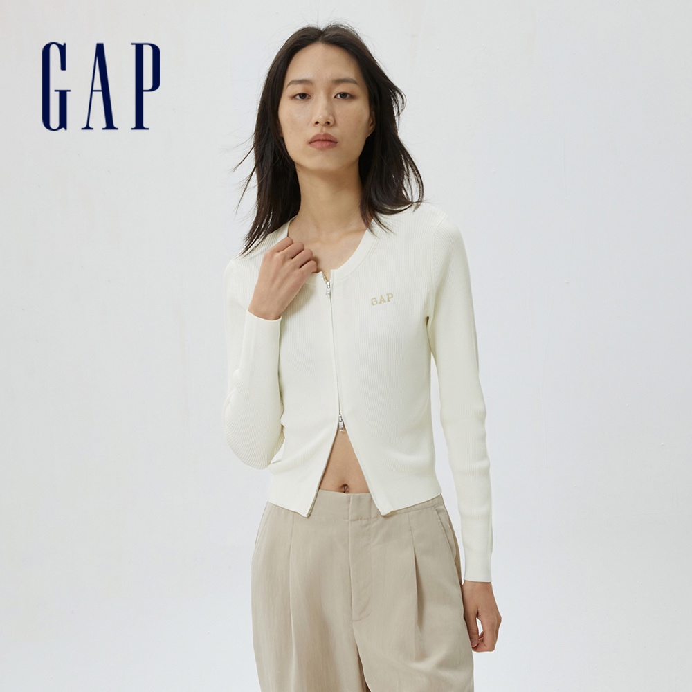 Gap 女裝 Logo羅紋V領拉鍊短版針織外套-灰白色(613579)