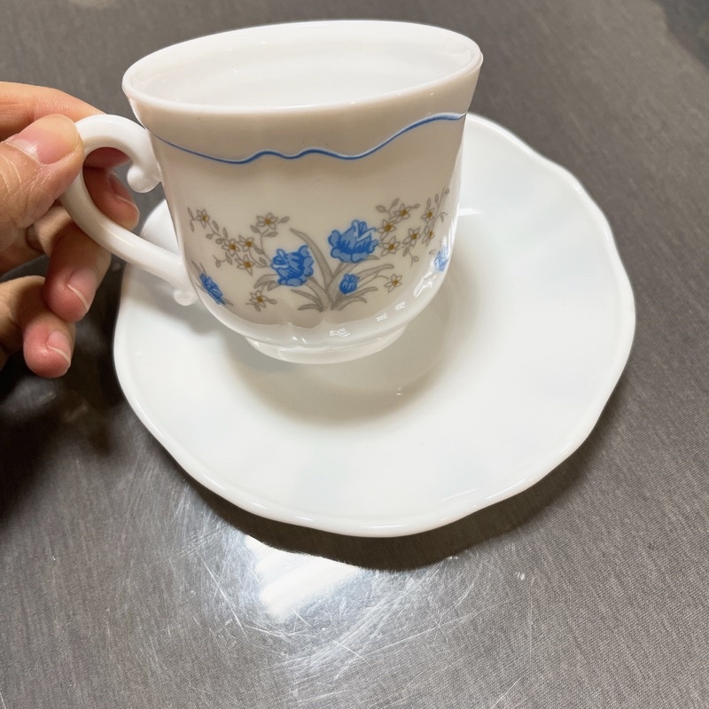 ［九成新］法國ARCOPAL早期印花咖啡杯組_茶杯組_玻璃杯組（1杯+1盤）