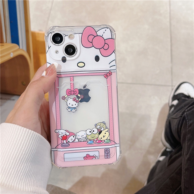 可愛卡通 Hello Kitty 夾子娃娃機卡片口袋照片透明軟 tpu 保護套適用於 iPhone 14 13 12 1