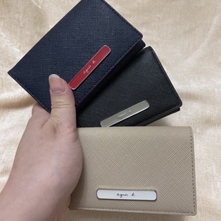 全新 agnes b 深藍色 紅色 黑色 奶茶色 扣式 鐵牌 防刮 名片夾 卡夾 牛皮 正品 撞色 雙色 日本限定 小b