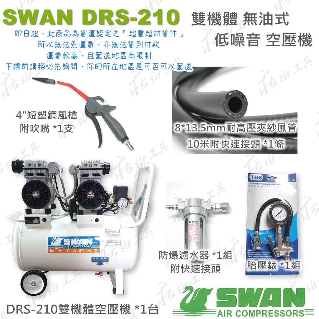 SWAN 天鵝牌 DRS-210-39T 110V 無油空壓機 DRS210-39T 39公升 直結式空壓機