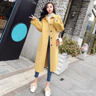 反季清倉黃色毛呢外套女中長版韓版新版寬鬆過膝呢子大衣小香風毛呢大衣 毛呢西裝外套 風衣外套 寬鬆 QC1R