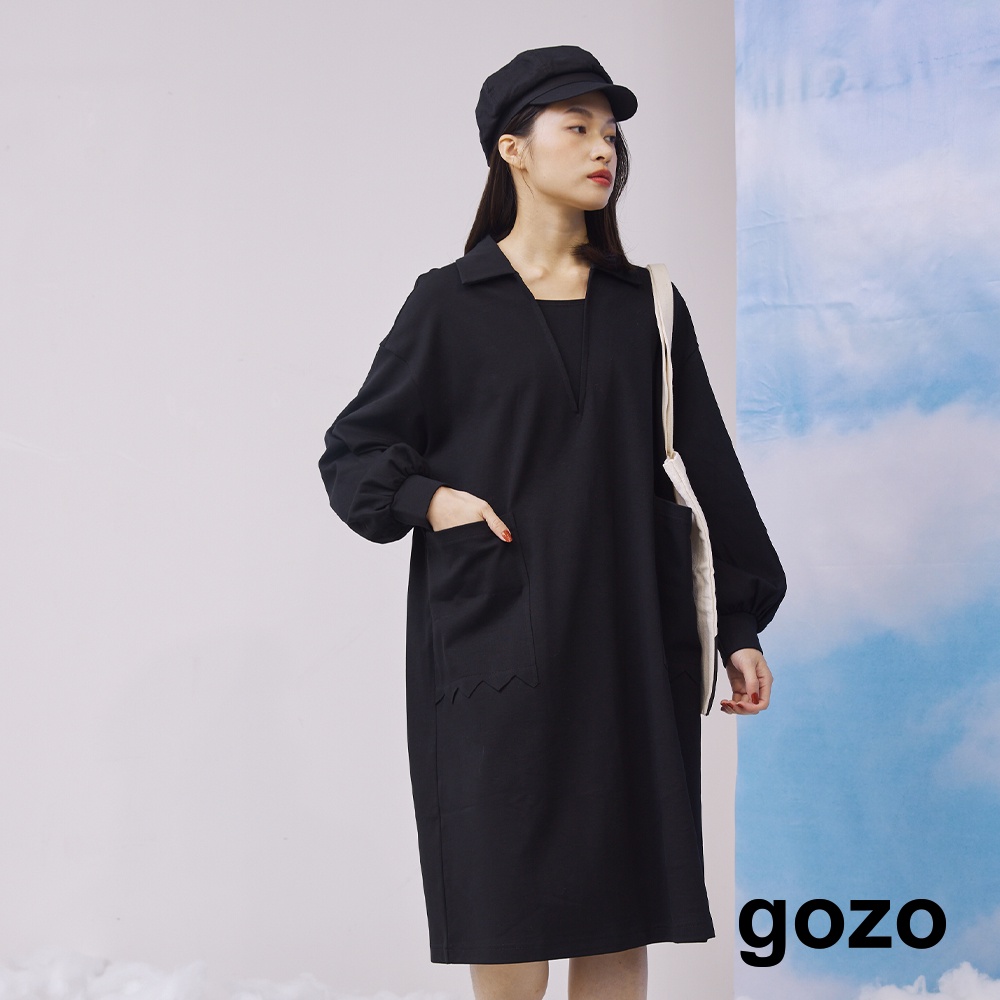 【gozo】造型鋸齒V領長洋裝(黑色/淺卡其_F) | 女裝 V領 百搭