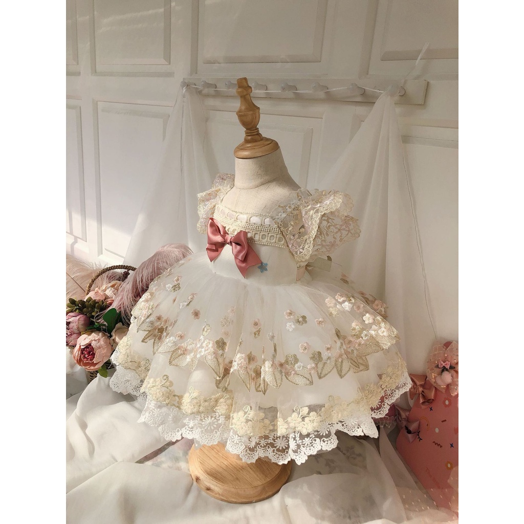 100-150西班牙兒童洋氣香檳色公主洋裝週歲生日小禮服宮廷風 洛麗塔公主裙 兒童禮服花童婚紗演出服連衣裙