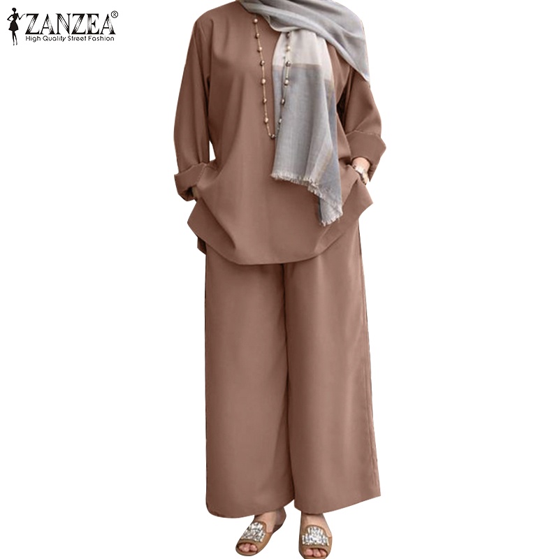 Zanzea 女士穆斯林休閒 Ismaic Abaya 套裝長袖上衣 + 闊腿褲套裝