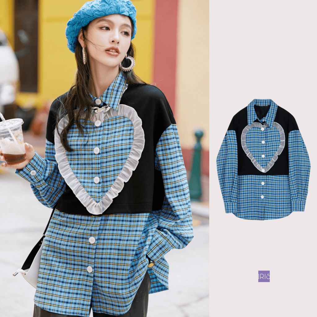 IRIS BOUTIQUE 泰國製造 小眾設計品牌 春季新款 復古愛心格紋拼接襯衫上衣女棉花糖