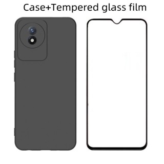 Vivo Y02T 手機殼黑色軟TPU矽膠後蓋帶鋼化玻璃膜