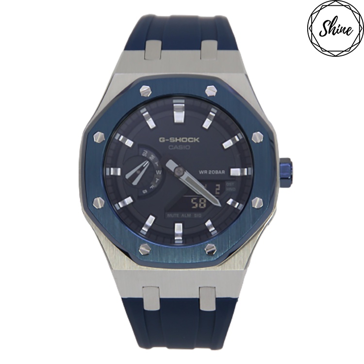 [Shinecollectionhk] 改裝ga-2110et-2 手錶 銀色12刻度 藍銀色不銹鋼錶冠設計殼 藍膠錶帶