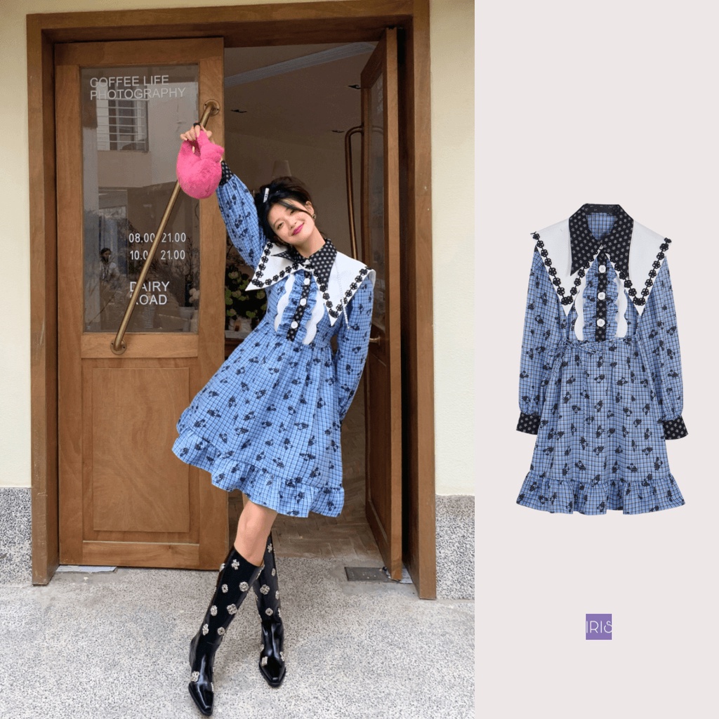 IRIS BOUTIQUE 泰國製造 小眾設計品牌 春季新款 蘭花草襯衫洋裝撞色娃娃領長袖女