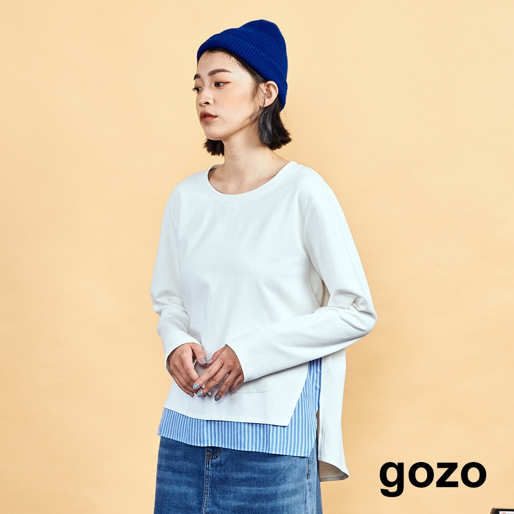 【gozo】清新文藝條紋拼接T(白色/藍色_M/L)｜女裝 顯瘦 休閒
