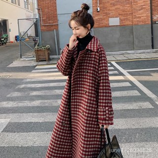 格子毛呢外套女中長版新版韓版寬鬆收腰加厚流行呢子大衣小香風毛呢大衣 毛呢西裝外套 風衣外套 寬鬆 X0XM