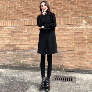 反季清倉大衣女中長版寬鬆韓版新版黑色赫本風毛呢外套女小香風毛呢大衣 毛呢西裝外套 風衣外套 寬鬆 4QPL