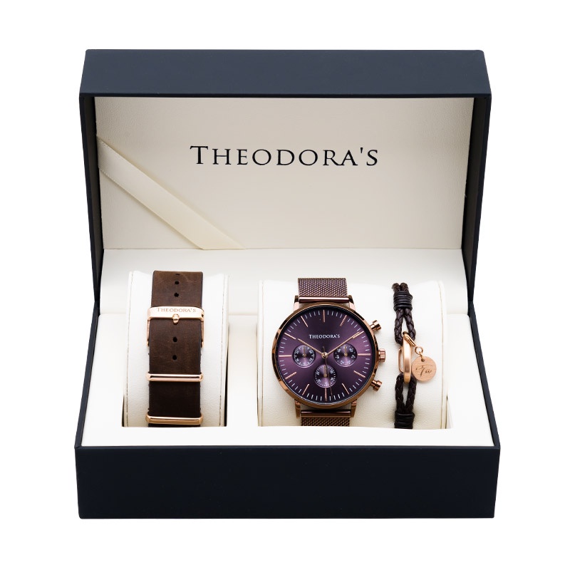 【THEODORA'S】手錶飾品1+2禮盒-男女款 Apollo 金屬手錶 三眼咖啡紅-米蘭咖【希奧朵拉】