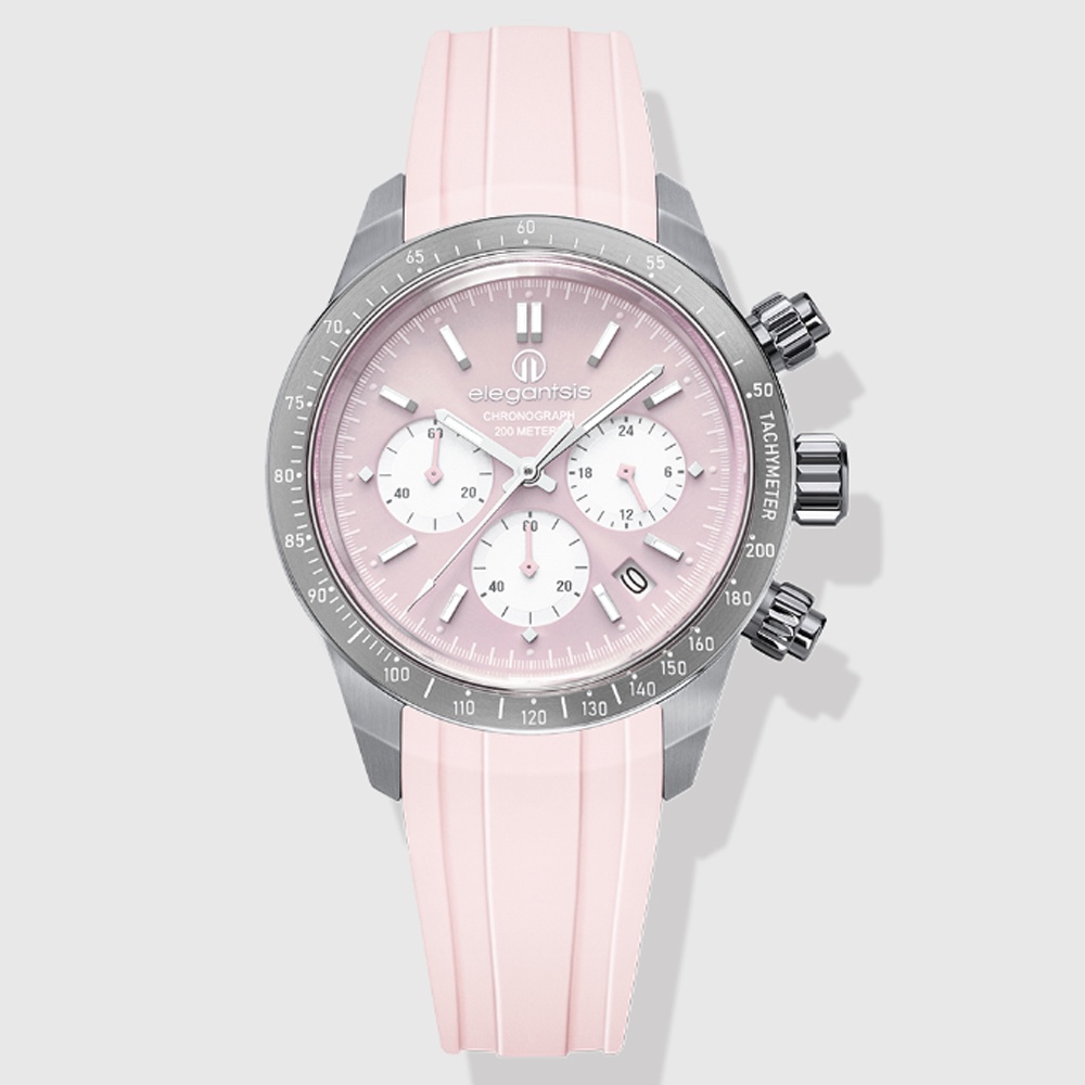 【elegantsis 愛樂時】Smart casual 馬卡龍色系碼表計時腕錶-粉ELJT41QS-VP04LC