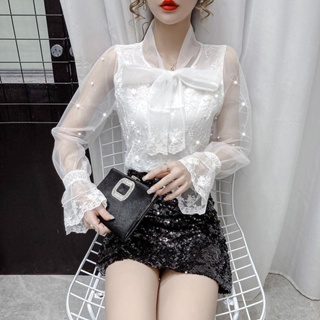 2022年秋季新款韓版刺繡長袖雪紡蕾絲蝴蝶結喇叭袖白色襯衫上衣女