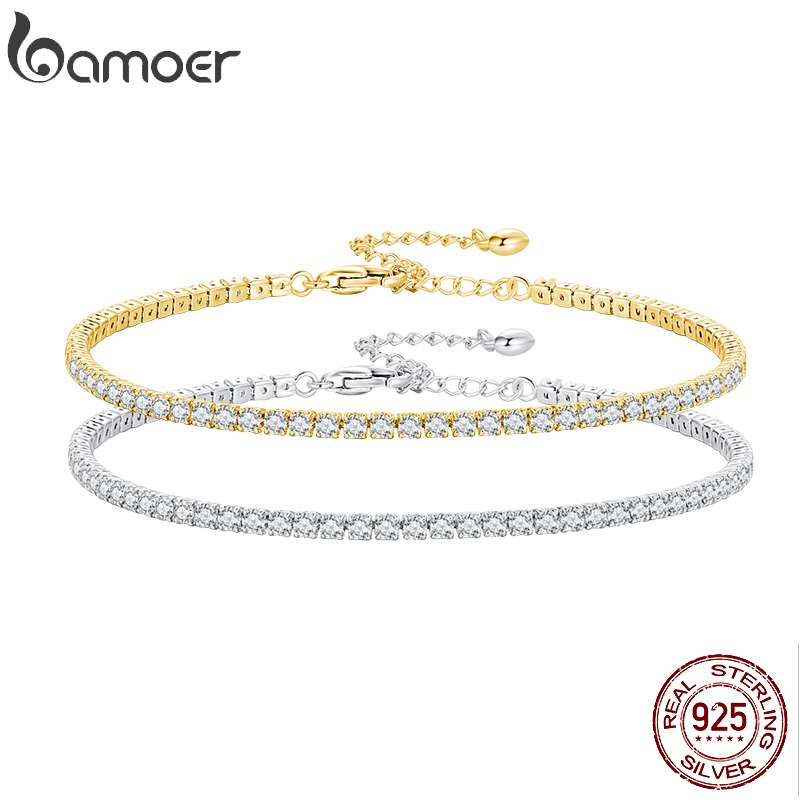 Bamoer 925 純銀可調節簡單兩色鋯石手鍊時尚首飾女士 21 厘米