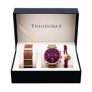 【THEODORA'S】手錶飾品1+2禮盒-女款 Apollo 金屬手錶 三眼酒紅-米蘭玫金【希奧朵拉】