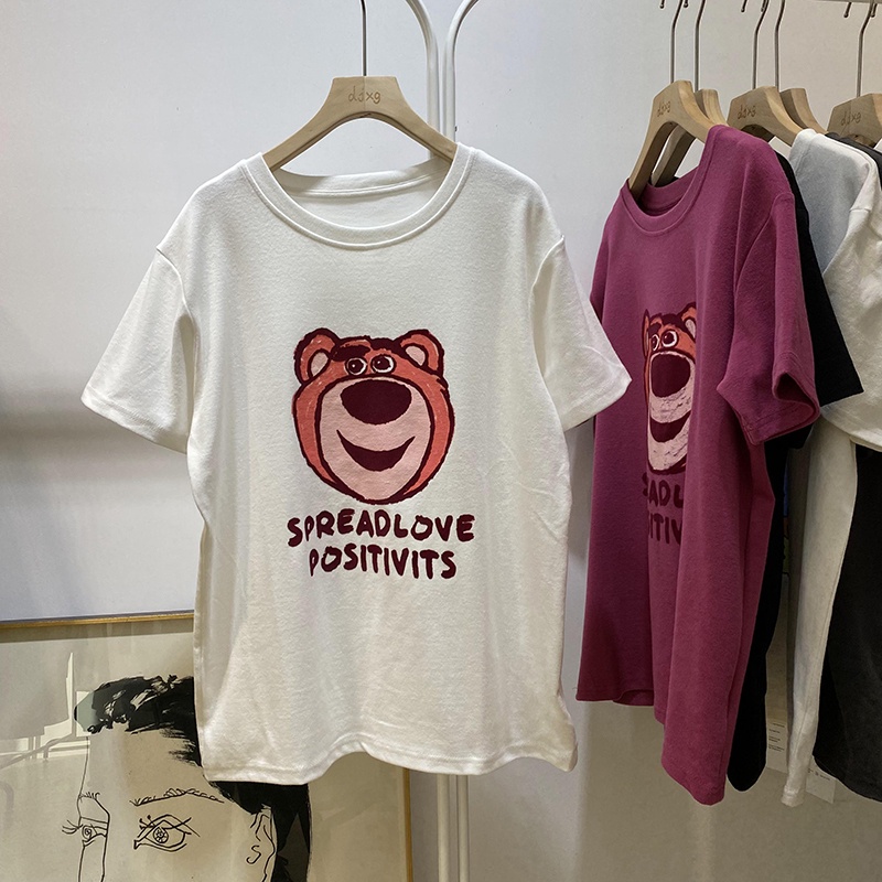 『S+HE』100%純棉!熊抱哥草莓熊塗鴉印花短袖T恤 韓版寬鬆圓領上衣 加大尺碼OVERSIZE衣服