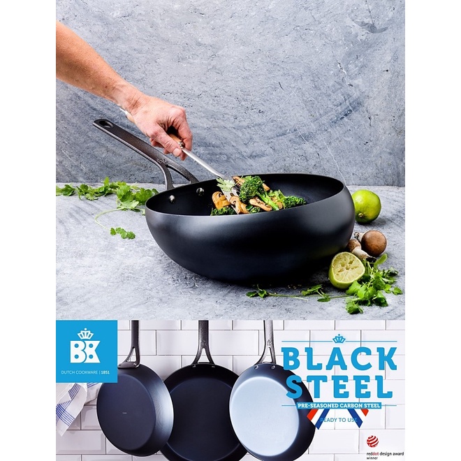 Bk Wokarang 30cm 碳鋼炒鍋/具有預調味鋼表面的獨特碗形炒鍋/易於拋出和高導熱性