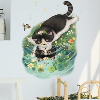五象設計 花叢可愛貓咪倒影貼蝴蝶小鳥兒童房裝飾背景貼浴室馬桶裝飾牆貼紙