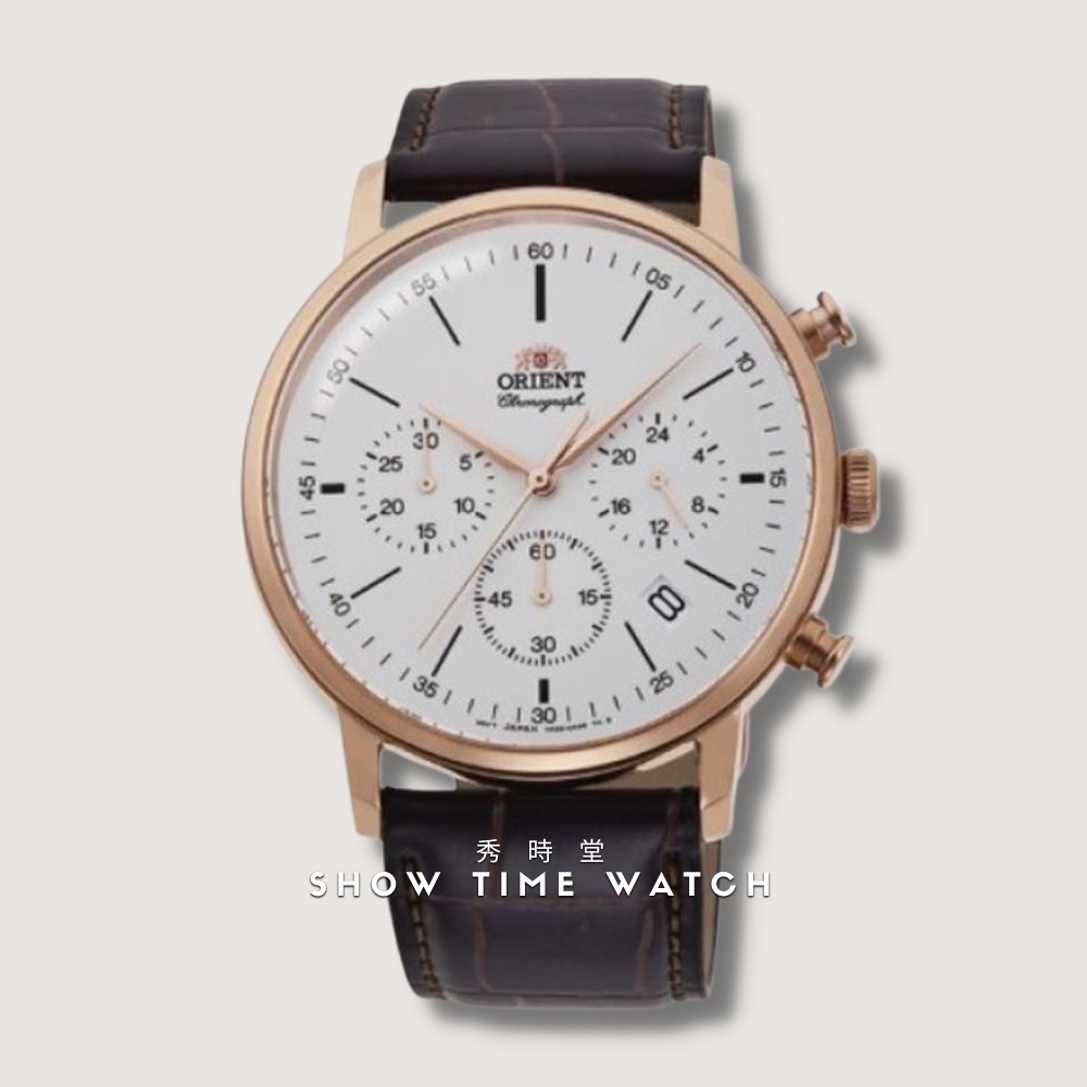 +ORIENT 東方錶 復古紳士 弧面玻璃 三眼計時 腕錶 - 皮帶 /白面玫瑰金 RA-KV0403S
