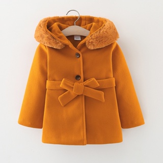 純黃色帶帽女寶寶長袖大衣加厚保暖秋冬新款寶寶風衣外套簡約款單排扣女童童裝(2-6歲)