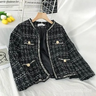 明星衕版粗花呢小香風外套女黑色短版春開衫法式名媛上衣 韓國jacket women 大尺碼 韓版加厚 YCRY