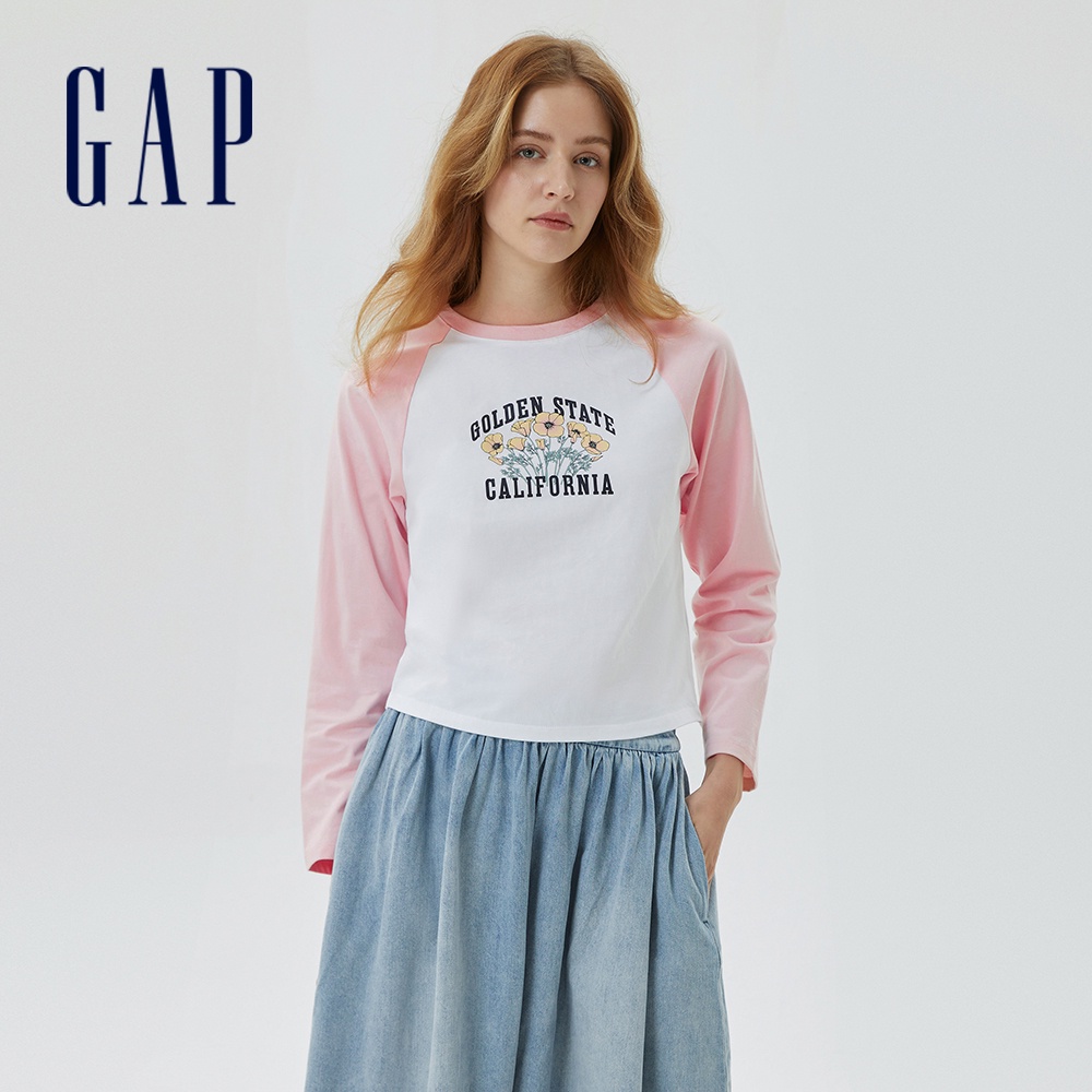 Gap 女裝 Logo純棉插肩長袖T恤 厚磅密織親膚系列-淡粉色(598224)