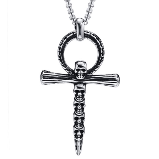 【CPN-1789】精緻個性歐美復古骷顱頭十字架鑄造鈦鋼墬子項鍊/掛飾