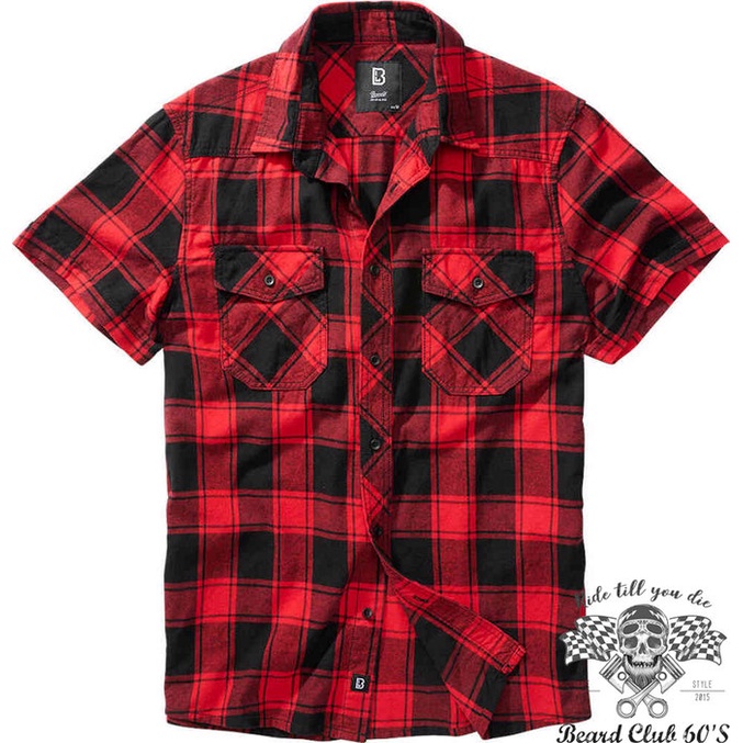 ♛大鬍子俱樂部♛ Brandit ® Checkshirt 德國 工裝風格 短袖 法蘭絨 格紋襯衫 舒適純棉 黑/紅