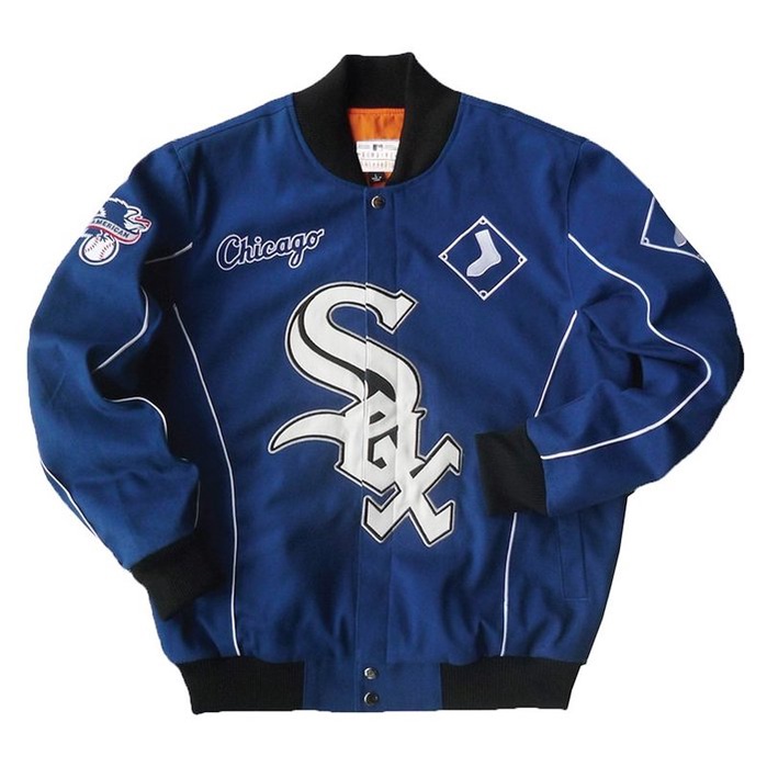 Street Fighter 街頭霸王 MLB 大聯盟 白襪隊 刺繡 棒球外套 夾克 嘻哈 情侶裝 寬鬆 藍色 大尺碼