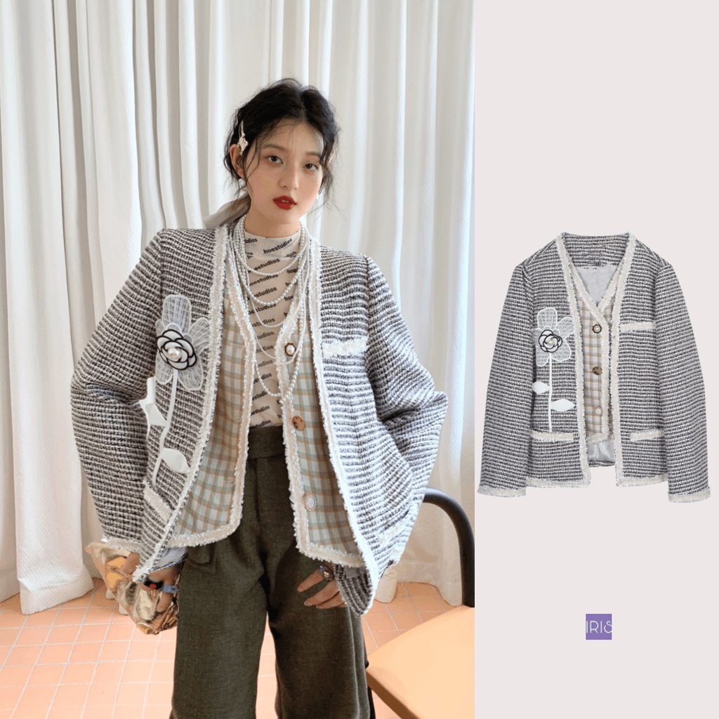 IRIS BOUTIQUE 泰國製造 小眾設計品牌 春季新款 灰色小香風外套假兩件上衣