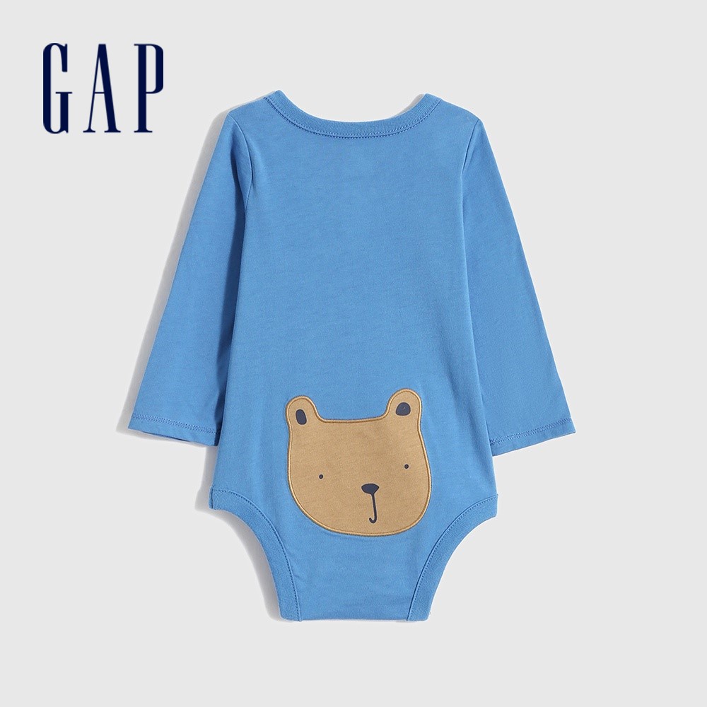 Gap 嬰兒裝 刺繡長袖包屁衣 跟屁熊系列-藍色(663820)