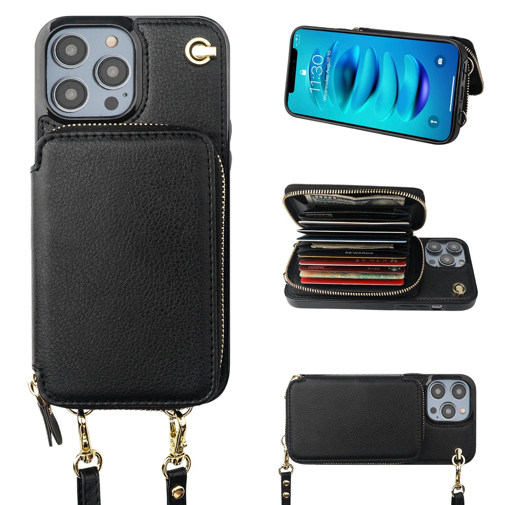 Iphone 14 Pro/iPhone 13 拉鍊錢包式手機殼,帶信用卡夾腕帶錢包保護套的斜挎手機殼,適合女士兼容 i