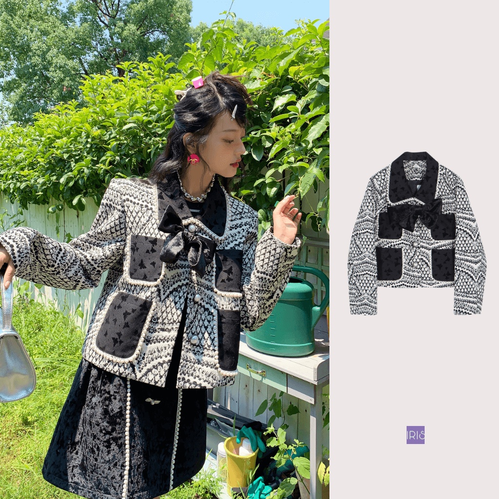 IRIS BOUTIQUE 泰國製造 小眾設計品牌 春季新款 蛇紋拼接提花蝴蝶結配飾外套長袖女