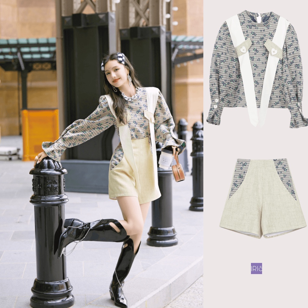IRIS BOUTIQUE 泰國製造 小眾設計品牌 春季新款 復古提花喇叭袖襯衫上衣女高腰寬版短褲