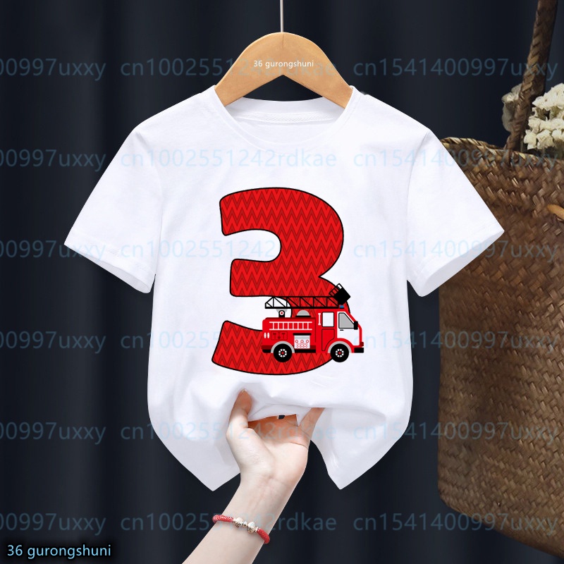 2023 時尚男童 T 恤搞笑基本消防車生日 1-9 歲生日派對衣服兒童可愛嬰兒 T 恤上衣