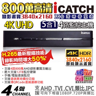 台灣製 監視器 icatch 可取 4K H.265 800萬 8MP 4路4聲 監控主機 遠端備份
