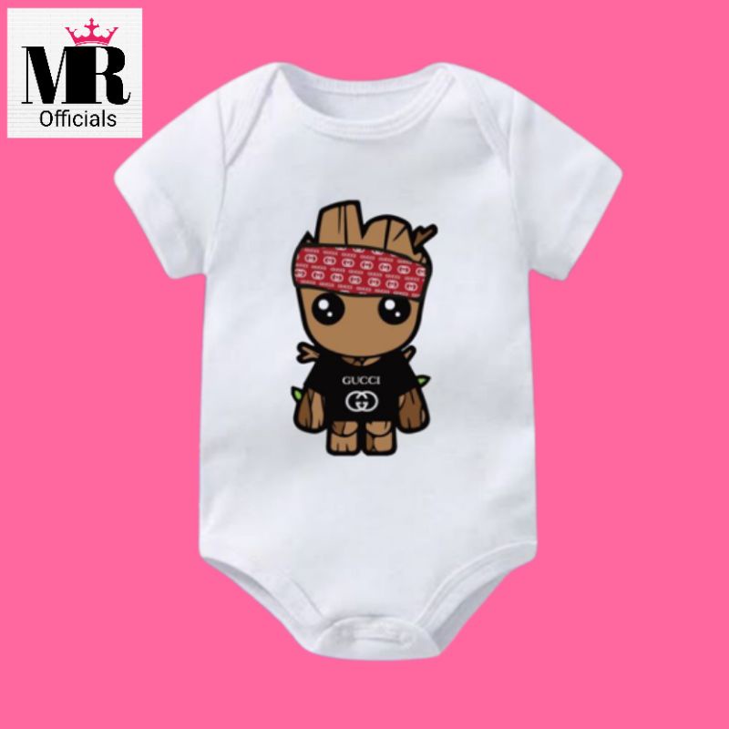 古馳 Katun PUTIH Gucci BABY JUMPER X BABY GROOT T 恤嬰兒衣服年齡 0 12