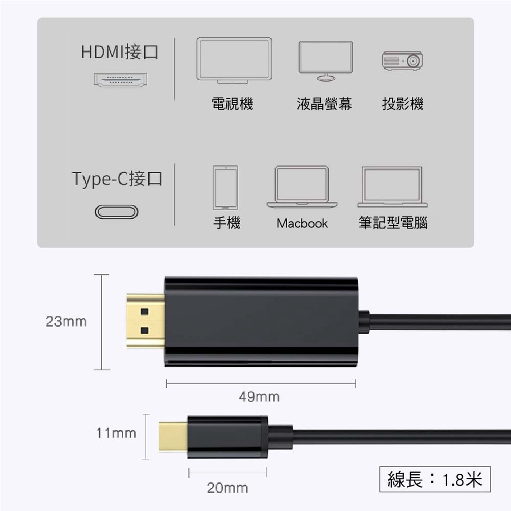 阿絨生活 Type-C轉HDMI 4K 30fps/4K 60fps高清轉接線【1.8米】