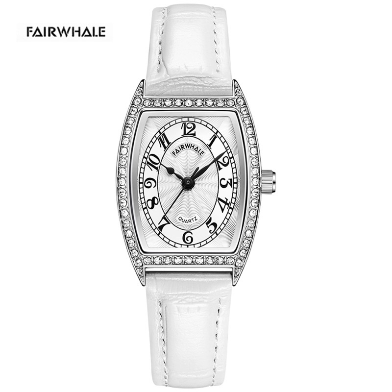 英國品牌 Mark Fairwhale 馬克菲爾 方圓結合璀璨復古皮鑽錶-白玫瑰