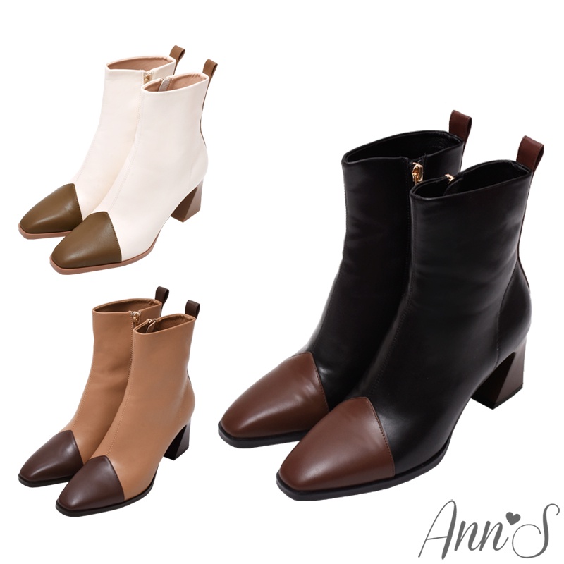 Ann’S高段位時尚-拼接色造型鞋根方頭短靴6.5cm-三色(版型偏小)