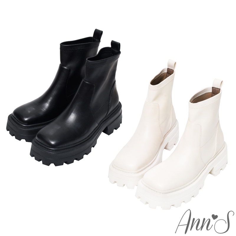 Ann’S流行回歸-顯瘦貼腿彈力皮革厚底方頭軍靴短靴5cm-(兩色)