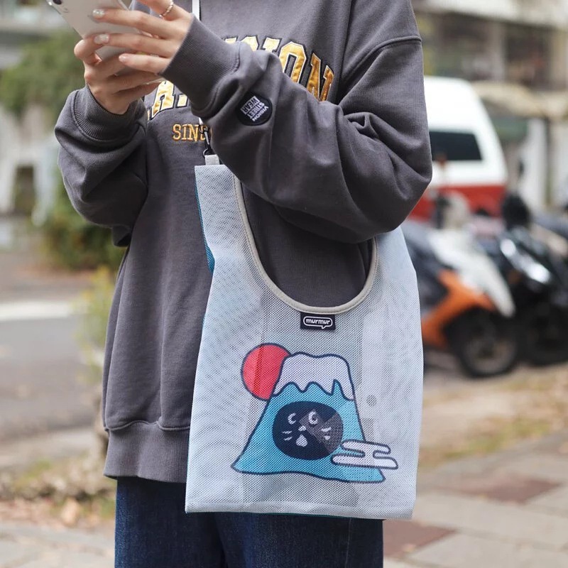【三番雜貨屋】日本net驚訝貓 富士山 網紗購物袋 可折疊手提包單肩斜挎包 可愛購物袋