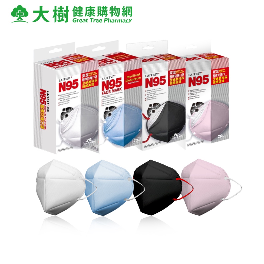 LAITEST 萊潔 N95醫療防護口罩 (20片/盒) 白色/玫瑰色/海洋藍/曜石黑 大樹