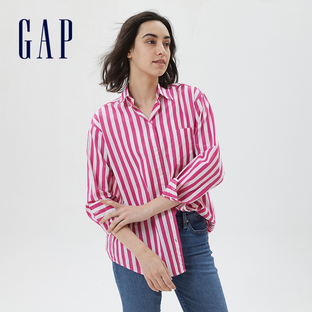 Gap 女裝 純棉寬鬆翻領長袖襯衫-粉色條紋(595237)