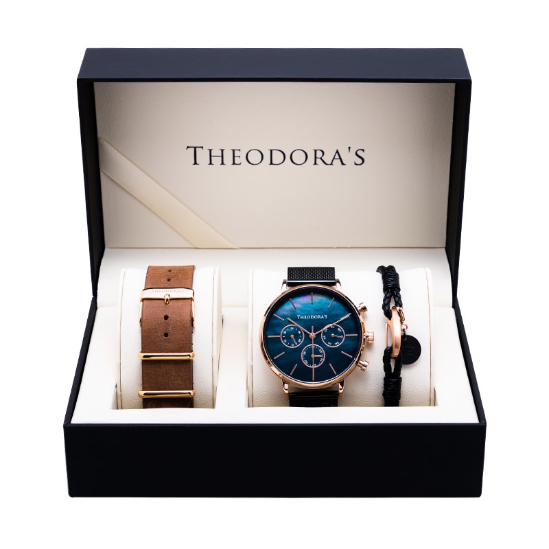 【THEODORA'S】手錶飾品1+2禮盒-男女款 Orpheus 金屬手錶 三眼母貝湖水綠-米蘭黑【希奧朵拉】