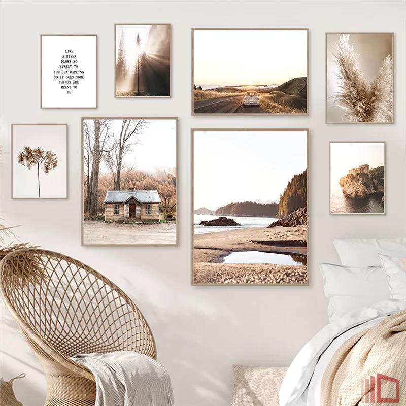 Raby實木內框畫 北歐秋季風景圖片帆布畫海灘風景牆藝術海報和印刷現代家居裝飾客廳設計