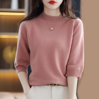 毛衣女新款半高領韓版寬鬆四分之三袖針織上衣